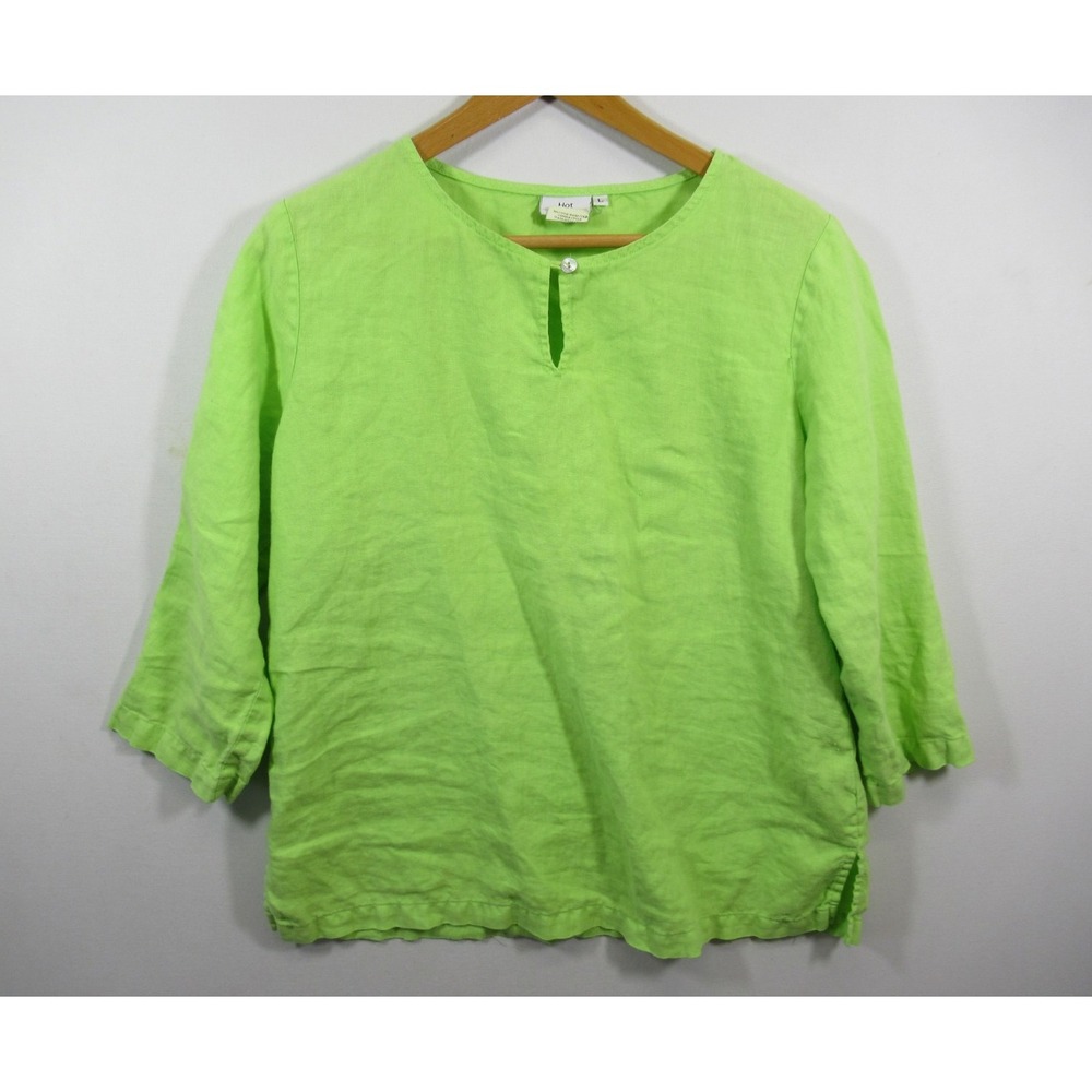 Vintage Hot Cotton Linen Keyhole Blouse Women Large Lime Green Lagenlook USA